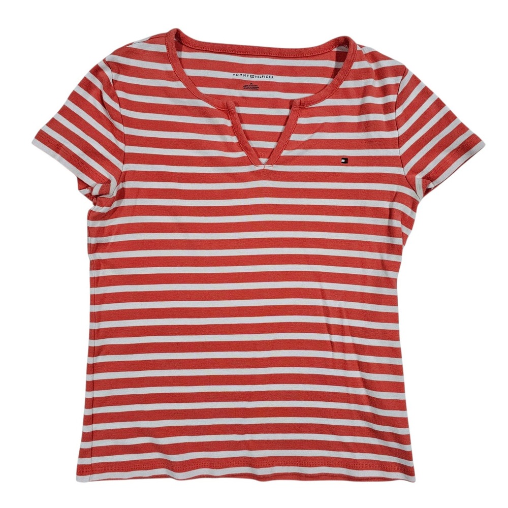 Tommy Hilfiger Women M Orange Striped V-Neck Short Sleeve T-Shirt Casual Top